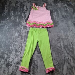 NWOT Rare Editions 2pc 4T Girls Pink Green Ruffles Bows Sun Top And Pants